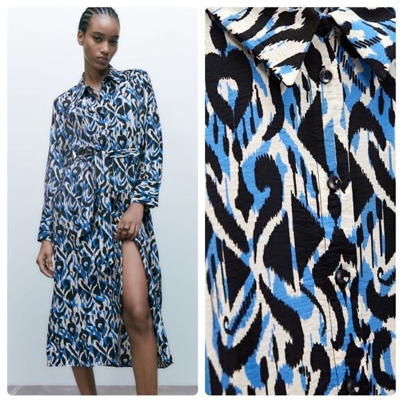 ZARA Printed Shirt Dress Blue New - Picture 5 of 15